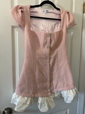 Fashion Nova Blush Pink Tweed Button Front Mini Dress with White Ruffle Hem
